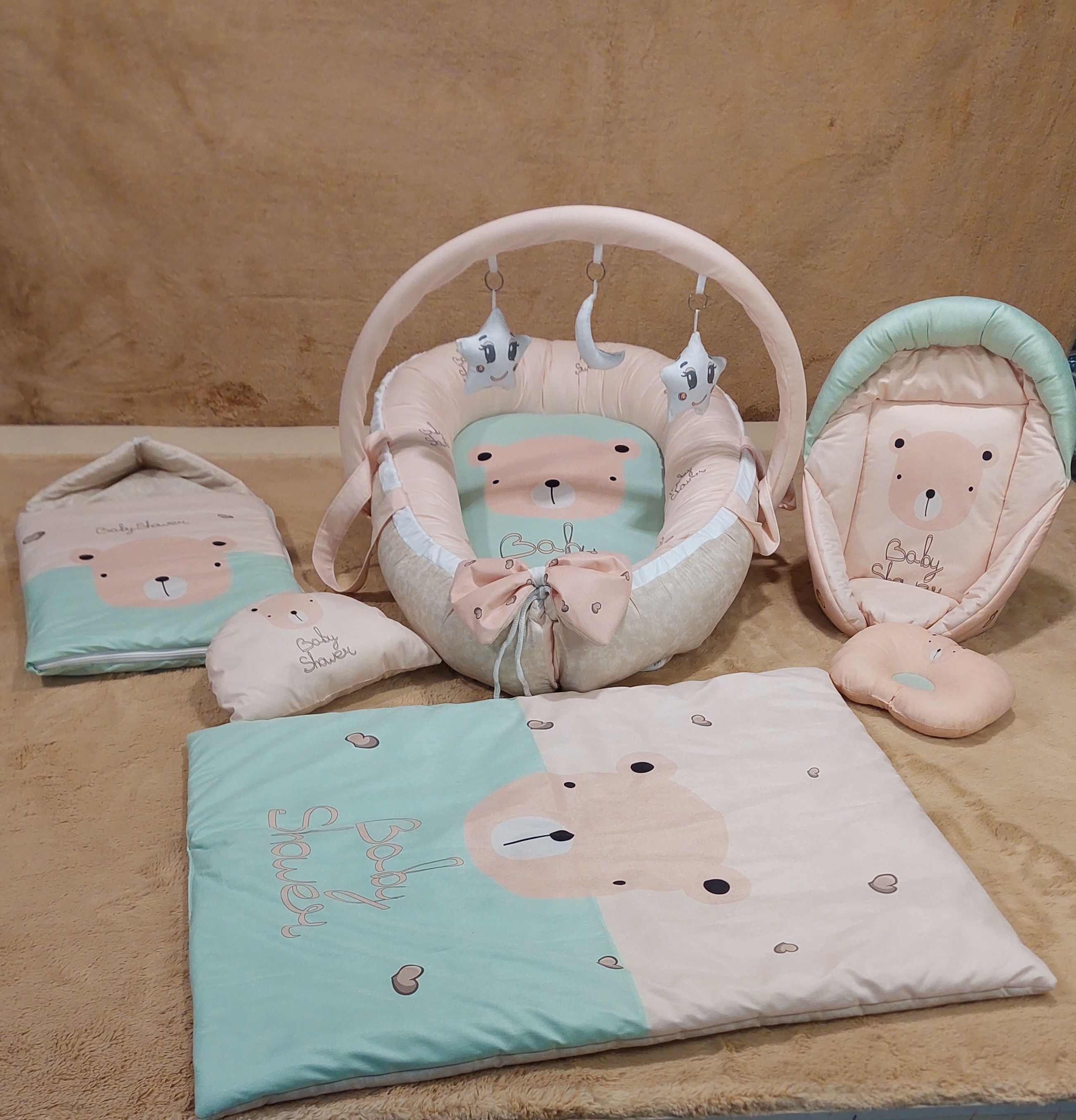 ست7 تیکه گارددار نانا نِست خرس قلبی کرم پسته ای nana nest