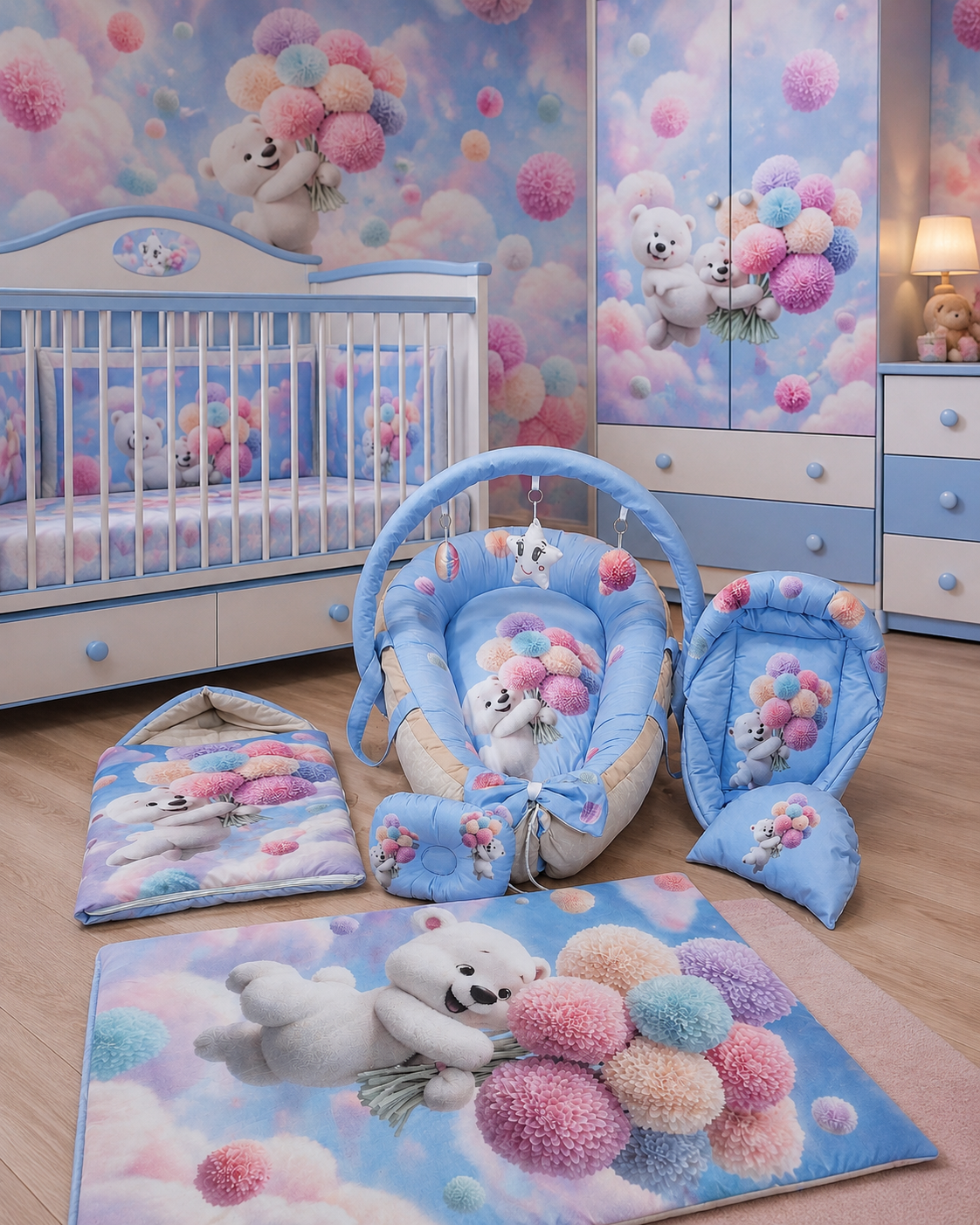 ست7 تیکه گارددار نانا نِست خرس دسته گل آبی nana nest